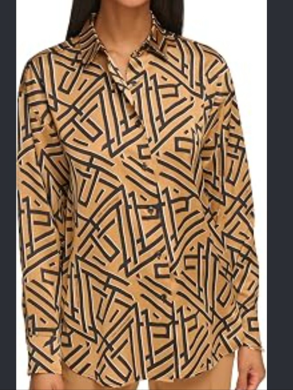 Karl Lagerfeld Button Down Shirt Satin Top Blouse Long Sleeves Black Tan